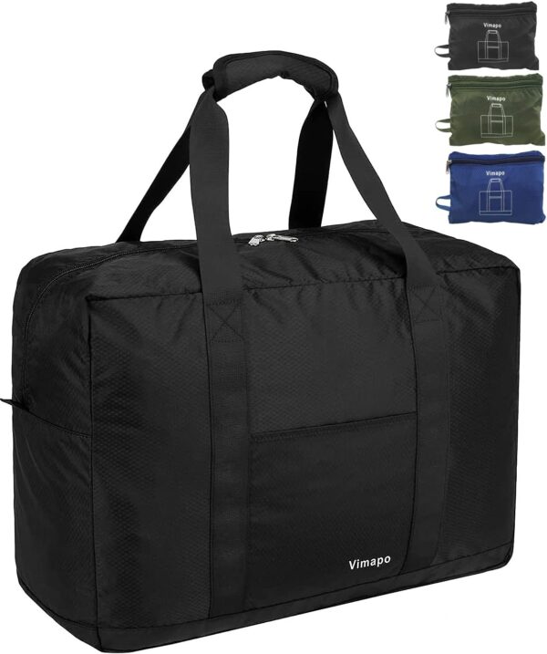 Foldable Travel Duffle Bag with Trolley Sleeve 40L - 18x14x8 inches Airline Underseat Lightweight Travel Bag - Packable Ripstop Nylon Carry on Bag (Black)