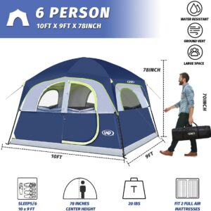 UNP Tents 6 Person Waterproof Windproof Easy Setup,Double Layer Family Camping Tent with 1 Mesh Door & 5 Large Mesh Windows -10’X9’X78in(H)