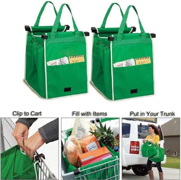 2Pack Reusable Shopping Trolley Bags Grab and Go Bag Collapsible Grocery Tote Bags with Handles, Clip on Shopping Cart As Seen On TV - Image 5