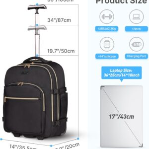 Rolling Backpack for Women, 17Inch Laptop Travel Backpack with Wheels, Carry on Luggage Airplane, Overnight Business Trolley Backpack Bag (Elegant Black) (In Patent)