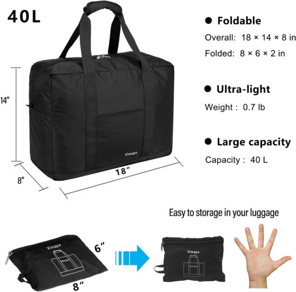 Foldable Travel Duffle Bag with Trolley Sleeve 40L - 18x14x8 inches Airline Underseat Lightweight Travel Bag - Packable Ripstop Nylon Carry on Bag (Black) - Image 2