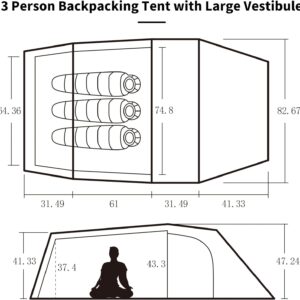 Naturehike Opalus Tunnel Backpacking Tent for 2-3 Person, 2 Person 3 Person Backpacking Tent, Lightweight Camping Tent with Footprint & Vestibule