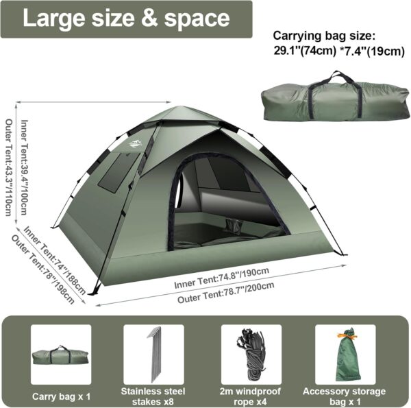 Instant Pop-Up Tents for Camping, 2-3 Person Camping Tent 60s Automatic Easy Setup Tent, Double-Thick Waterproof Tent Family Tent for Hiking Backpacking - Image 6