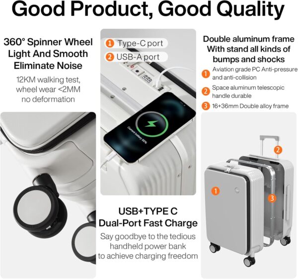 mixi Carry On Luggage with Cup Phone Holder and Charger Hard Shell Suitcases with Spinner Wheels, 20 Inch Smoke White - Image 5