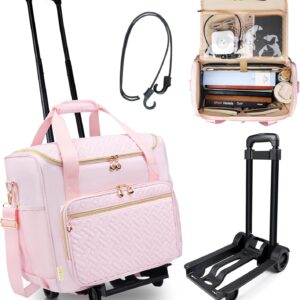 Rolling Teacher Tote Bag with Detachable Trolley, Wheeled Teacher Bag with 15 Inch Laptop Compartment, Soft Nylon Multifunctional Tote Bag with Wheels for Teaching& Office Supplies (Pink)