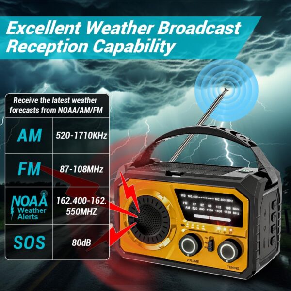 16000mAh/59200mWh Solar Crank Emergency Radio - Wireless NOAA AM/FM Weather Radio with USB-C/Type-C Charging, 3-Light Modes, SOS Alarm, Compass & Power Bank for Camping Survival Outdoor Emergencies - Image 2