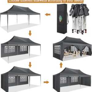 COBIZI 10×20 Pop Up Canopy with 6 Sidewalls, Conical Canopy Tent 10×20 with 3 Adjustable Height Waterproof, UV-Resistant with Carry Bag, Stakes, Ropes for Parties, Commercial, Gray(Frame Upgraded)