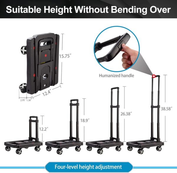 Folding Hand Truck, Lightweight Hand Truck Dolly Foldable,Luggage cart with 4 Rotate Wheels, Utility Cart with Adjustable Handle,Collapsible Dolly for Moving Travel Shopping Airport Office - Image 4