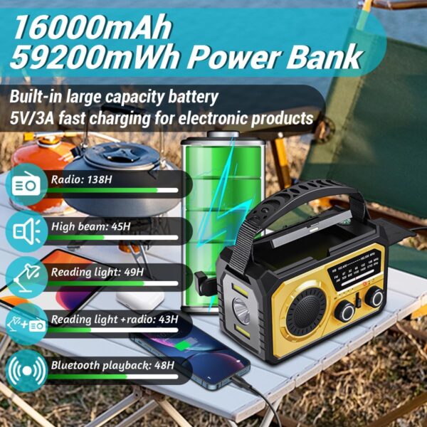 16000mAh/59200mWh Solar Crank Emergency Radio - Wireless NOAA AM/FM Weather Radio with USB-C/Type-C Charging, 3-Light Modes, SOS Alarm, Compass & Power Bank for Camping Survival Outdoor Emergencies - Image 4