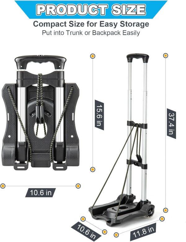 Small Folding Hand Truck Dolly with 2 Wheels, Lightweight Aluminum Foldable Luggage Cart, Collapsible Cart Portable Dolly for Airport Travel Moving Use - Image 2