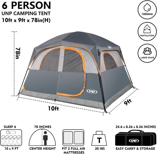 UNP Tents 6 Person Waterproof Windproof Easy Setup,Double Layer Family Camping Tent with 1 Mesh Door & 5 Large Mesh Windows -10'X9'X78in(H) - Image 2