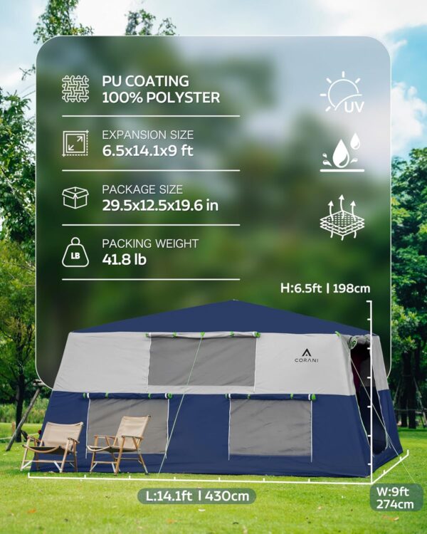 14.1'x6.5'x9' Inflatable Tents for Camping, Portable 6/8/10 Person Blow Up Air Tent, Waterproof Windproof Easy Setup Large Family Tent with 2 Doors, 6 Windows, Mosquito Screen - Image 2