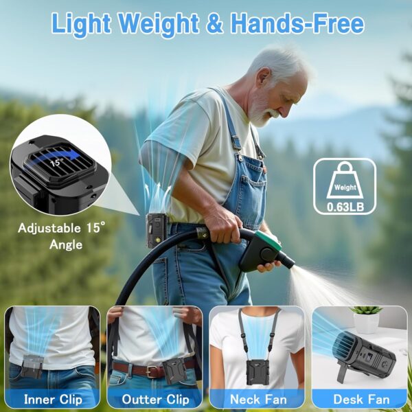 10000mAh Portable Waist Fan Clip on Wearable Belt Shirt Body Fan Hand-Free Rechargeable Battery Operated with 5 Speed & Flashlight Cooling Neck Fan for Outdoor Camping Travel Power Bank - Image 3