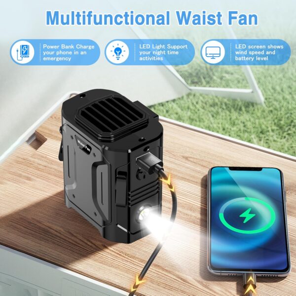 10000mAh Portable Waist Fan Clip on Wearable Belt Shirt Body Fan Hand-Free Rechargeable Battery Operated with 5 Speed & Flashlight Cooling Neck Fan for Outdoor Camping Travel Power Bank - Image 6