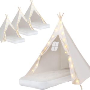 4 Pack Teepee Tent for Kids [Thickened and Upgraded] with Light String and Inflatable Airbed, Slumber Party Tents, Sleepover Tents Party for Girls Boys Indoor Outdoor (White)