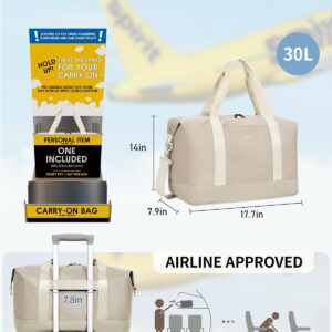 ECOHUB For Spirit Airlines Personal Item Bag 18x14x8 Underseat Carry on Bag with Removable TSA Approved Wet Bag, Travel Duffel Bags Weekender for Women, 30L (Beige)