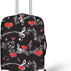 TODIYADDU Music Notes with Red Love Heart Thick Elastic Reusable Luggage Protective Cover Fashion Trolley Case for Suitcase Cover Baggage Travel Bag Cases Fits for Women Gifts, L