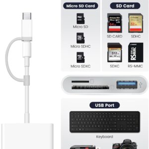 SD Card Reader for iPhone iPad Built-in Dual Connector Card Adapter with SD MicroSD USB-A 3 Slots Trail Camera Memory Card Viewer, Portable No App Required Plug and Play