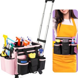 Versatile Rolling Cleaning Organizer Bag with Detachable Trolley, 40L Capacity, Adjustable Compartments, Waterproof Oxford Fabric, 4 Wheels, Ideal for Cleaning, Gardening & Tool Storage, Pink