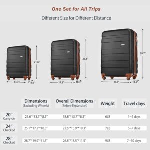 Merax 3 Piece Expandable ABS Hardshell Luggage Sets Spinner Wheel Suitcase TSA Lock Suit Case, Black/Brown, 20/24/28 Inch