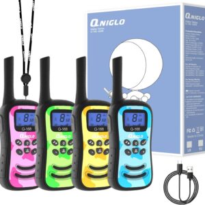 Qniglo Rechargeable Walkie Talkies for Kids with USB Charger, 22 Channels Walkie-Talkies with Lanyard, Camo Toys Gifts 4 Pack Walky Talky for Camping Hiking Family Games, for Age 3 4 5-12 Boys Girls