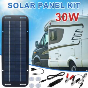 Solar Panel Kit with 4 Suction Cups, 30w 12v Solar Trickle Charger, 14×5 inch Portable Solar Powered Charger Kit, High-Efficiency Car Battery Charger for Car Rv Boat Motorcycl