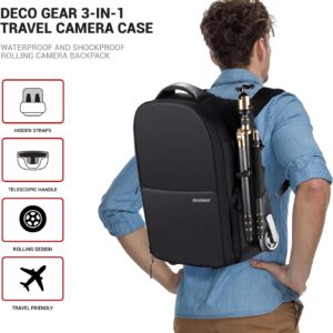 Deco Gear 3-in-1 Travel Camera Case – Waterproof and Shockproof Rolling Camera Backpack – Three Methods of Transport – Wheeled Trolley, Backpack, Carry On Bag