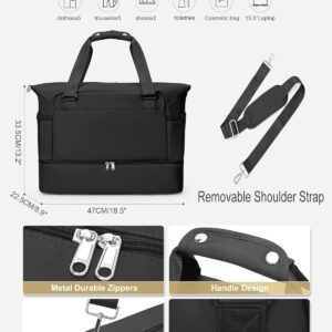 Weekender Bags for Women, Travel Duffel with Shoe Compartment USB Charging, Carry On Gym Duffle Bag with Wet Pocket, Personal Item Overnight Tote Bag for Airlines Black