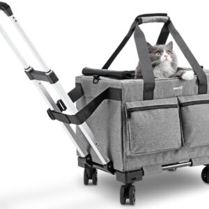 Pecute Cat Carrier with Wheels,Steel Wire Frame Cat Carrier, Stable Pet Trolley Bag for Cats, Pet Handbag and Stroller Bag, Portable Cat Carrier Bag for Car Travel Bus Subway, Grey