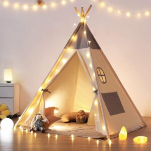 besrey Teepee Tent for Kids with Light & Mat, Kids Tents Indoor Play Tent Playhouse, Toddler Teepee 100% Cotton, tee Pee Tents for Kids Indoor, Kids Teepee,Children Room Tent