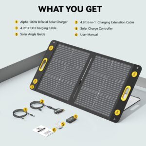 100W Bifacial Portable Solar Panel, Bend Resistant Foldable Solar Panel 100Watt 22V Monocrystalline Solar Charger for Power Station, USB-A USB-C Output for Cell Phone Tablet, IP67