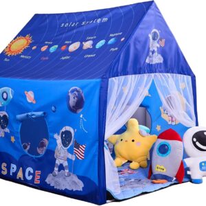 Space Rocket Ship Kids Tent with Mat, Star Lights for Boys & Girls Aged 3+ Toddler for Indoor Outdoor Playhouse Tent Set Sizes 47×46.8×38.1In,Washable