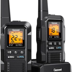 G2pro+ Heavy Duty Walkie Talkies for Adults，Rechargeable Long Range Two Way Radios 2 watts ，NOAA Weather，FM Radio，IP67 Waterproof，VOX ，Double PTT，Li-ion Battery (2 Pack – Black)