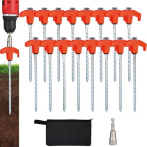 16 Pack Screw in Tent Stakes Heavy Duty,8 Inch Ground Anchors Screw in,Metal Stakes with Hex Head Driver,Camping Tent Accessories.(Orange)