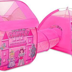 Kids Play Tent, Pop Up Play Tents Toy with Crawl Tunnel for Children, Indoor Outdoor Playhouse, Dollhouse Passage Beach Tent 3 PCS(Pink Castle Princess)