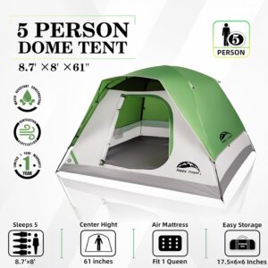 Happy Travel Camping Tent, 4/5 Person Dome Tents for Camping with Rainfly, Waterproof Clip Easy Setup Portable Family Tent with Mesh Windows, 20% More Headroom Backpacking Tents for Camping & Hiking