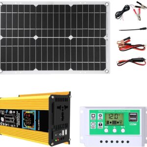 Solar System Power Inverter Kit 6000W 12V To 110V/220V 50A Power Controller 25W Waterproof Solar Panel With One Socket And Two USB Ports Fast Charging Solar Panel Kit Home Solar System(Yellow,12V-220V