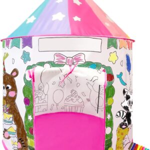 Interactive Kids Play Tent with Colorable Washable Design, Pink Princess Castle, 40″ H x 41″ Dia, Fun Craft Playhouse for Indoor & Outdoor, Includes 8 Color Pens, for Children