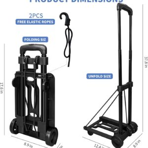 Folding Hand Truck Lightweight Portable Cart,VDHU 2 Wheels Fold Up Hand Cart with Elastic Ropes,Compact Utility Cart with 40kg/90lbs Heavy Duty 2 Wheels for Moving Travel Shopping Office Luggage Use