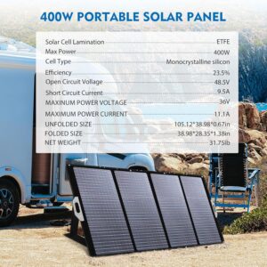 400W Portable Solar Panel, Foldable Solar Panel Charger, Adjustable Kickstands, IP67 Waterproof for Outdoor RV Camping Off-Grid Blackout