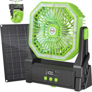 10000mAh Solar Fan,Camping Fan with 10W Solar Panel & Light, 4 Speeds Battery Operated Fan with LED Display,Timer,Hanging Hook & 180°Adjustable.Portable Fan Rechargeable for Outdoor (Green)