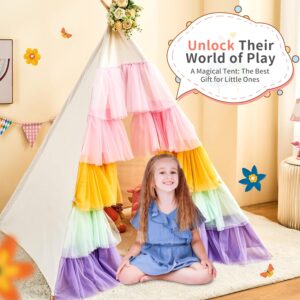 HalloDeer Teepee Tent for Kids with Canvas,Rainbow Tulle Fabric Kids Teepee Tent Indoor,Girls Princess Tent,Kids Play Tent,Kids Tent for Inside,Tipi Tent Kids