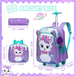 Rolling Backpack for Girls Cute Kids Rolling Backpack with Lunch Bag Kids Backpack with Wheels for School Backpacks for Elementary with Lunch Box Pencil Case Trolley Luggage