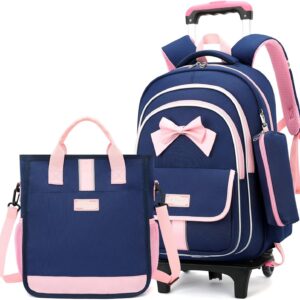 MITOWERMI Rolling Backpack for Girls 3Pcs Elementary School Bag Cute Bowknot Backpack with Wheels Girls Bookbags with Handbag Trolley Bags Kids Carry-On Luggage