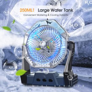 Ausic 10W Misting Solar Fan, 250ml Portable Camping Fans with Solar Panel, 10000mAh 8 Inch Battery Operated Rechargeable Cooling Fan with Hook, Outdoor Water Spray Tent Fans for Travel/Beach