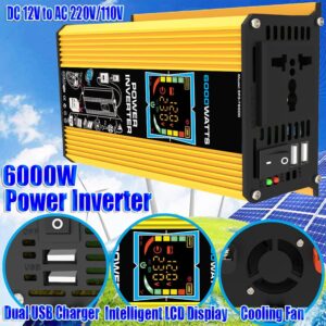 Solar System Power Inverter Kit 6000W 12V To 110V/220V 50A Power Controller 25W Waterproof Solar Panel With One Socket And Two USB Ports Fast Charging Solar Panel Kit Home Solar System(Yellow,12V-220V